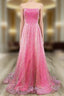 A-Line Strapless Hot Pink Sequins Long Evening Prom Dress