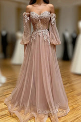 A-Line Strapless Long Lace Evening Prom Dress, Sweetheart Neck Tulle Evening Party Dress