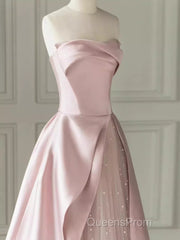 A Line Strapless Pink Party Dress Long Satin Evening Prom Dress