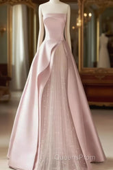 A Line Strapless Pink Party Dress Long Satin Evening Prom Dress