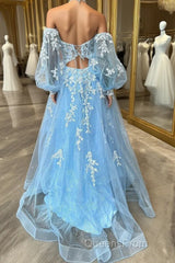 A-line Strapless Puff Long Sleeves Beaded Appliques Long Formal Evening Prom Dress