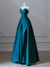A-Line Strapless Satin Peacock Blue Long Prom Dress, Simple Peacock Blue Evening Dress