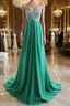 A-Line Strapless Sweetheart Neck Green Chiffon Long Evening Prom Dress, Green Evening Dress