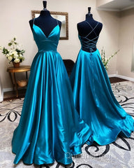 A Line Stretch Satin Emerald Green Evening Prom Dress Spaghetti Straps V Neck Dress