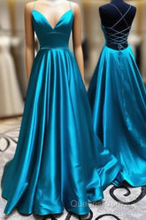 A Line Stretch Satin Emerald Green Evening Prom Dress Spaghetti Straps V Neck Dress