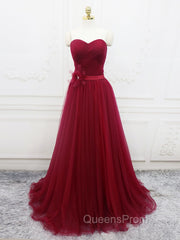 A-Line Sweetheart Neck Burgundy Long Evening Prom Dress, Burgundy Bridesmaid Dress