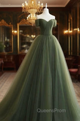 A-Line Sweetheart Neck Green Long Evening Prom Dress, Sweep Train Green Evening Dress