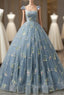 A-Line Sweetheart Neck Lace Gray Blue Long Evening Prom Dress, Gray Blue Sweet 16 Dress