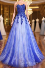 A Line Sweetheart Neck Lace Tulle Blue Long Evening Prom Dress, Blue Formal Dress, Blue Lace Evening Dress
