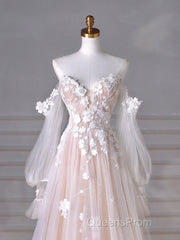 A-Line Sweetheart Neck Long Sleeve Lace Tulle Light Champagne Long Evening Prom Dress
