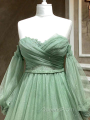A Line Sweetheart Neck Long Sleeves Green Tulle Long Evening Prom Dress, Long Green Evening Dress