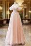 A-Line Sweetheart Neck Off Shoulder Tulle Pink Long Evening Prom Dress, Pink Long Evening Dress