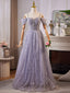 A-Line Sweetheart Neck Off Shoulder Tulle Sequin Gray Blue Long Classy Prom Dress