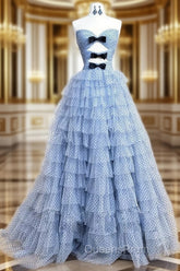 A-Line Sweetheart Neck Polka Dots Tulle Blue Long Evening Prom Dress, Blue Long Evening Dress