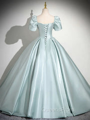 A-Line Sweetheart Neck Puff Sleeves Satin Blue Long Evening Prom Dress, Blue Long Evening Dress