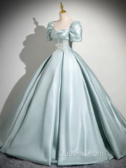 A-Line Sweetheart Neck Puff Sleeves Satin Blue Long Evening Prom Dress, Blue Long Evening Dress