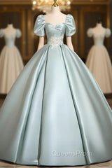 A-Line Sweetheart Neck Puff Sleeves Satin Blue Long Evening Prom Dress, Blue Long Evening Dress