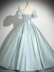 A-Line Sweetheart Neck Puff Sleeves Satin Quinceanera Dress Blue Long Evening Prom Dress Elegant Evening Dress