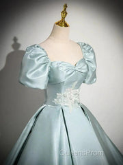 A-Line Sweetheart Neck Puff Sleeves Satin Quinceanera Dress Blue Long Evening Prom Dress Elegant Evening Dress