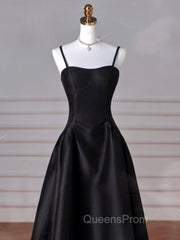 A-Line Sweetheart Neck Satin Black Long Evening Prom Dress, Black Long Evening Dress