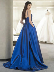 A-Line Sweetheart Neck Satin Blue Long Prom Dress, Blue Long Formal Dress