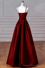 A-Line Sweetheart Neck Satin Burgundy Long Prom Dress, Burgundy Long Formal Dress