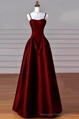 A-Line Sweetheart Neck Satin Burgundy Long Prom Dress, Burgundy Long Formal Dress
