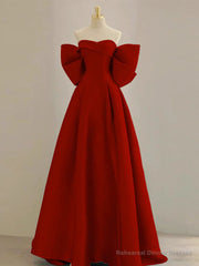 A-Line Sweetheart Neck Satin Burgundy Long Prom Dress with Bow