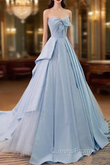A-Line Sweetheart Neck Satin Tulle Blue Long Evening Prom Dress, Blue Evening Dress