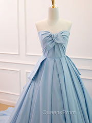 A-Line Sweetheart Neck Satin Tulle Blue Long Evening Prom Dress, Blue Evening Dress
