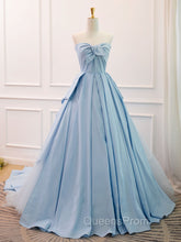 A-Line Sweetheart Neck Satin Tulle Blue Long Evening Prom Dress, Blue Evening Dress