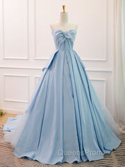 A-Line Sweetheart Neck Satin Tulle Blue Long Evening Prom Dress, Blue Evening Dress