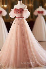 A-Line Sweetheart Neck Sequin Tulle Pink Long Evening Prom Dress, Pink Evening Dress