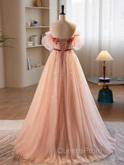 A-Line Sweetheart Neck Sequin Tulle Pink Long Evening Prom Dress, Pink Evening Dress
