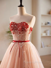 A-Line Sweetheart Neck Sequin Tulle Pink Long Evening Prom Dress, Pink Evening Dress