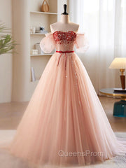A-Line Sweetheart Neck Sequin Tulle Pink Long Evening Prom Dress, Pink Evening Dress