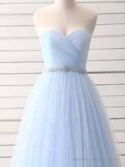 A-Line Sweetheart Neck Tulle Blue Long Prom Dress, Blue Long Bridesmaid Dress