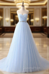 A-Line Sweetheart Neck Tulle Blue Long Evening Prom Dress, Blue Long Bridesmaid Dress