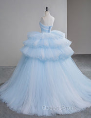 A-Line Sweetheart Neck Tulle Blue Long Evening Prom Dress, Blue Long Evening Gown