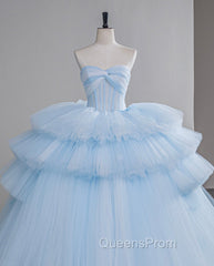 A-Line Sweetheart Neck Tulle Blue Long Evening Prom Dress, Blue Long Evening Gown