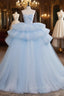 A-Line Sweetheart Neck Tulle Blue Long Evening Prom Dress, Blue Long Evening Gown