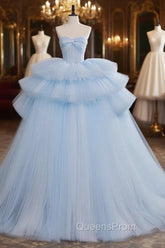 A-Line Sweetheart Neck Tulle Blue Long Evening Prom Dress, Blue Long Evening Gown