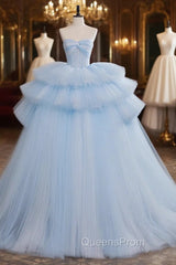 A-Line Sweetheart Neck Tulle Blue Long Evening Prom Dress, Blue Long Evening Gown