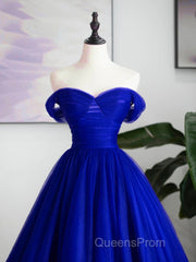 A-Line Sweetheart Neck Tulle Blue Long Evening Prom Dress, Blue Long Formal Dress