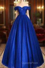 A-Line Sweetheart Neck Tulle Blue Long Evening Prom Dress, Blue Long Formal Dress