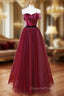 A-Line Sweetheart Neck Tulle Burgundy Long Evening Prom Dress, Burgundy Long Evening Dress