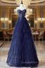 A-Line Sweetheart Neck Tulle Dark Blue Long Evening Prom Dress, Dark Blue Long Graduation Dress with Beads