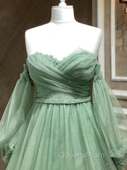 A-Line Sweetheart Neck Tulle Green Long Evening Prom Dress, Green Evening Dress