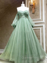 A-Line Sweetheart Neck Tulle Green Long Evening Prom Dress, Green Evening Dress