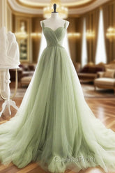 A-Line Sweetheart Neck Tulle Green Long Evening Prom Dress, Green Long Evening Dress